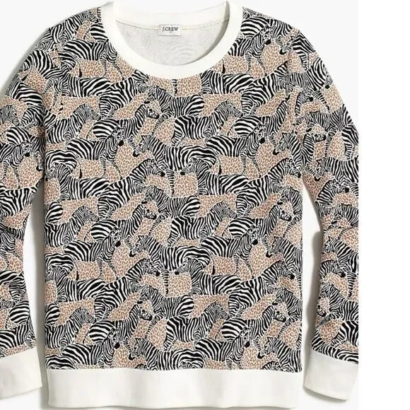 NWT J. Crew Safari Zebra Giraffe Print Crewneck Cozy Sweatshirt AP666 XS - Picture 2 of 7